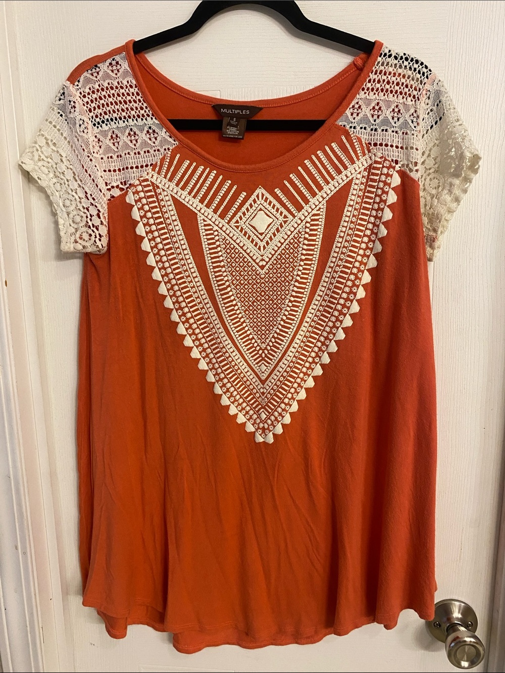 Multiples Burnt Orange Top with White Crochet Accents